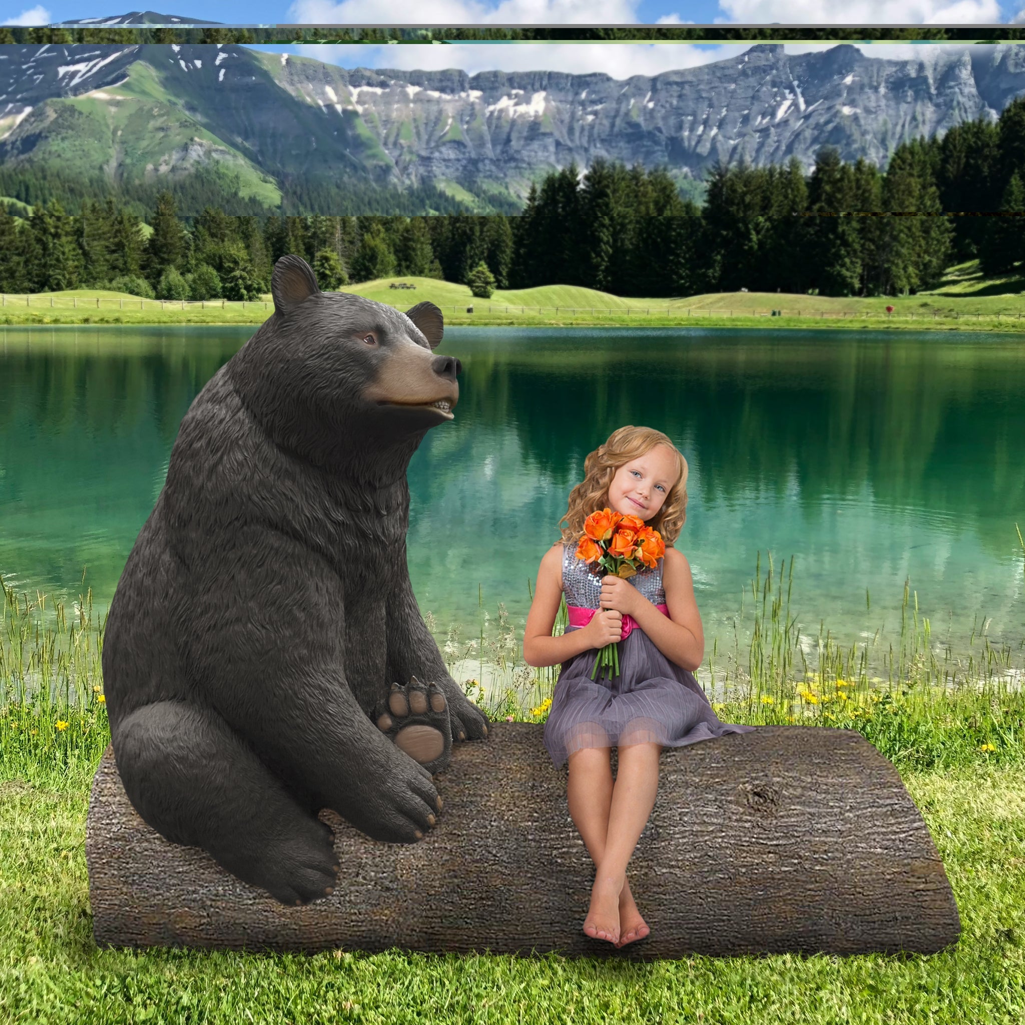 Black Bear on a Log Photo-Op Sculptural Bench