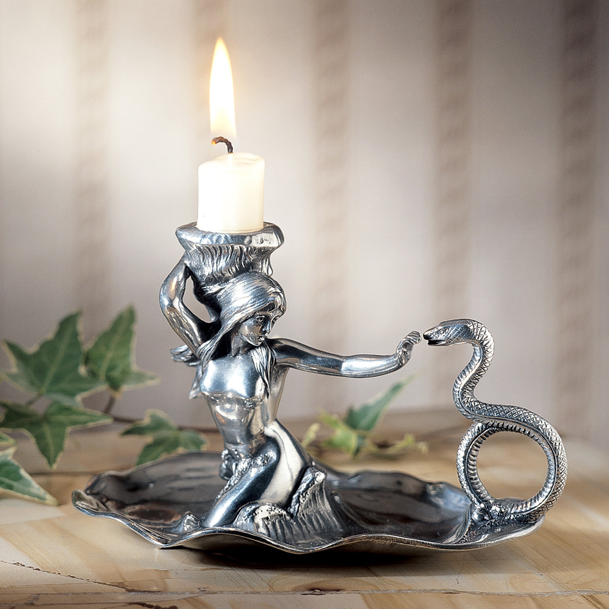 Mermaid Goddess Sculptural Italian Pewter Candlestick