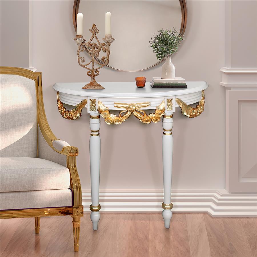 Louis XVI-Style Crescent Golden Ribbon Wall Console Table