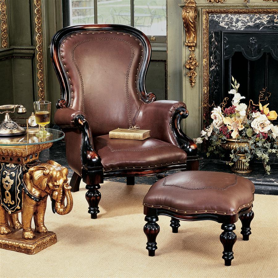 Victorian Rococo Faux Leather Wing Chair and Ottoman