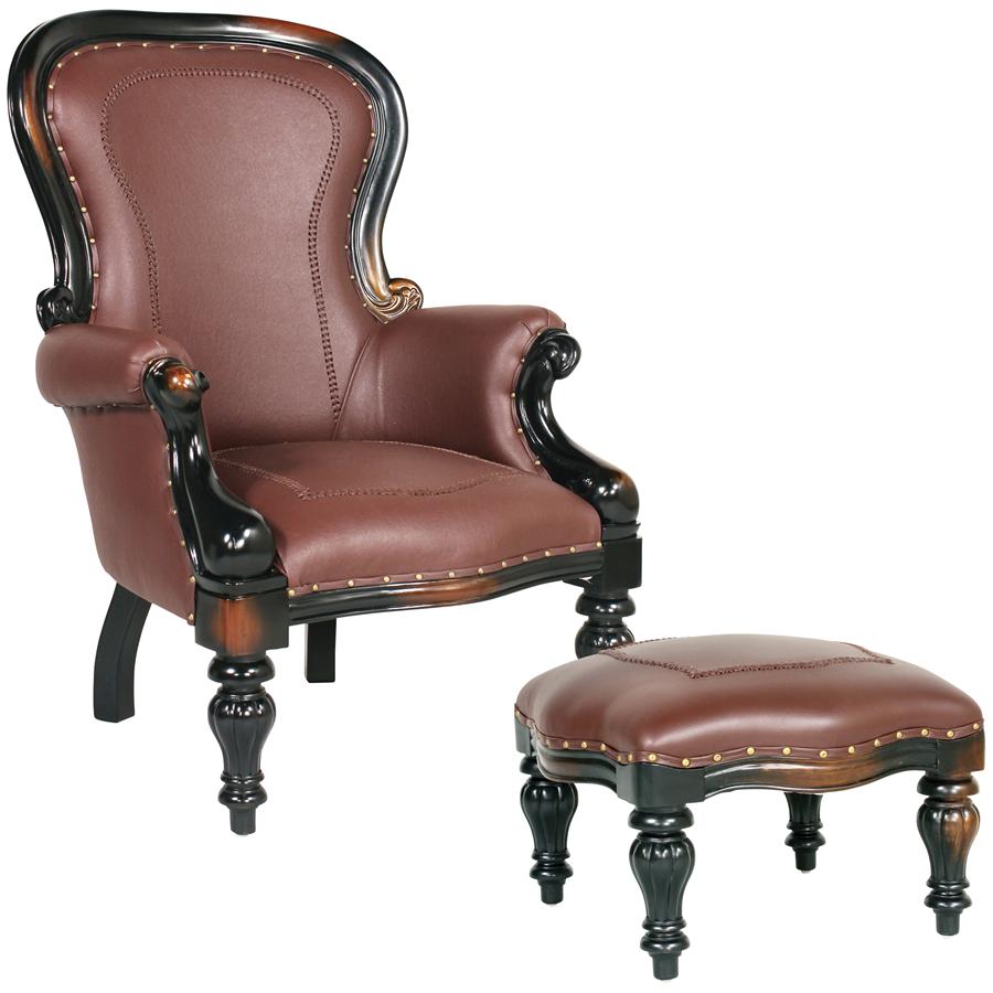 Victorian Rococo Faux Leather Wing Chair and Ottoman
