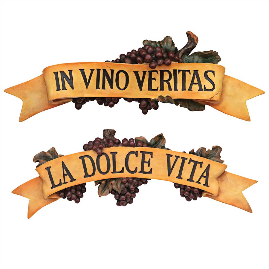 La Dolce Vita and In Vino Veritas Italian Signs Grape Wall Sculptures: Set of Two