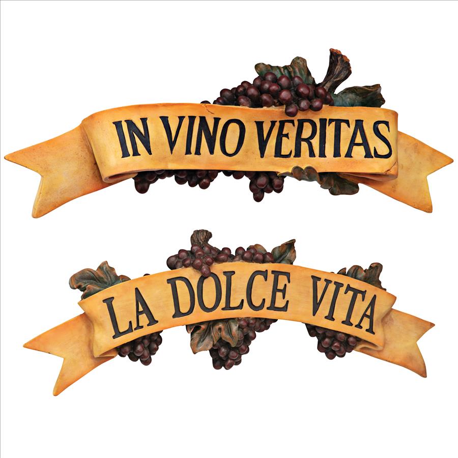 La Dolce Vita and In Vino Veritas Italian Signs Grape Wall Sculptures: Set of Two
