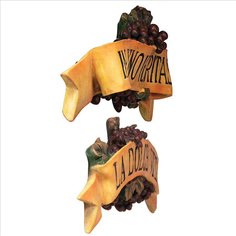 La Dolce Vita and In Vino Veritas Italian Signs Grape Wall Sculptures: Set of Two