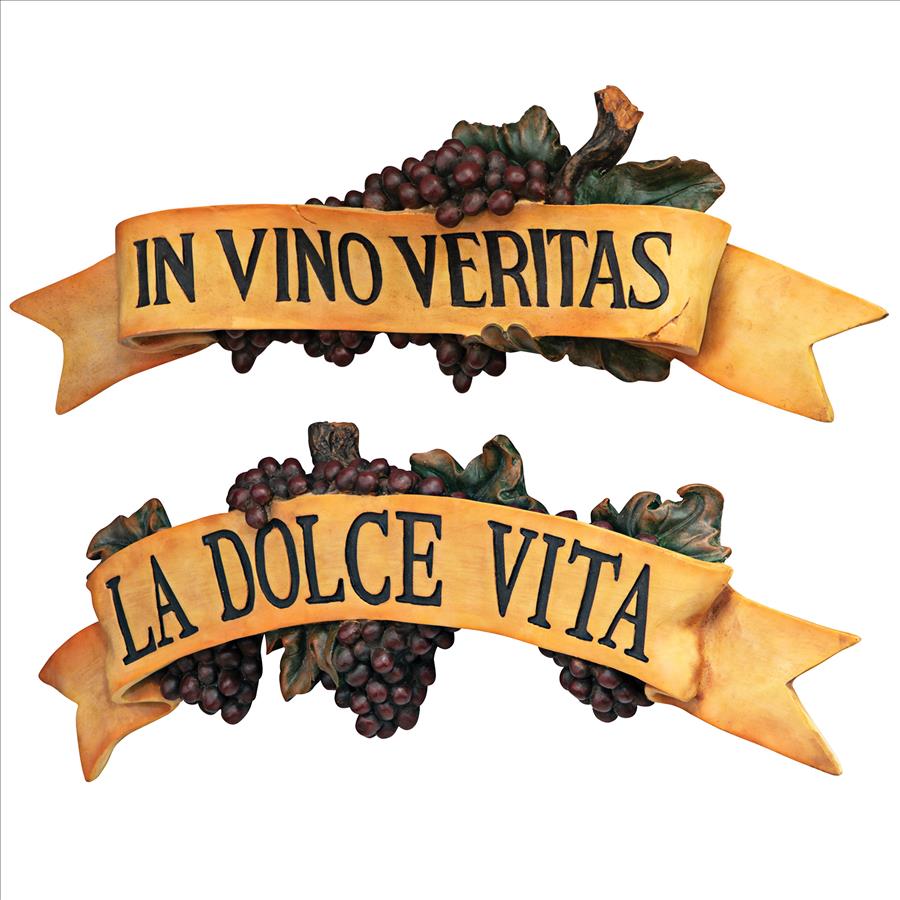 La Dolce Vita and In Vino Veritas Italian Signs Grape Wall Sculptures: Set of Two