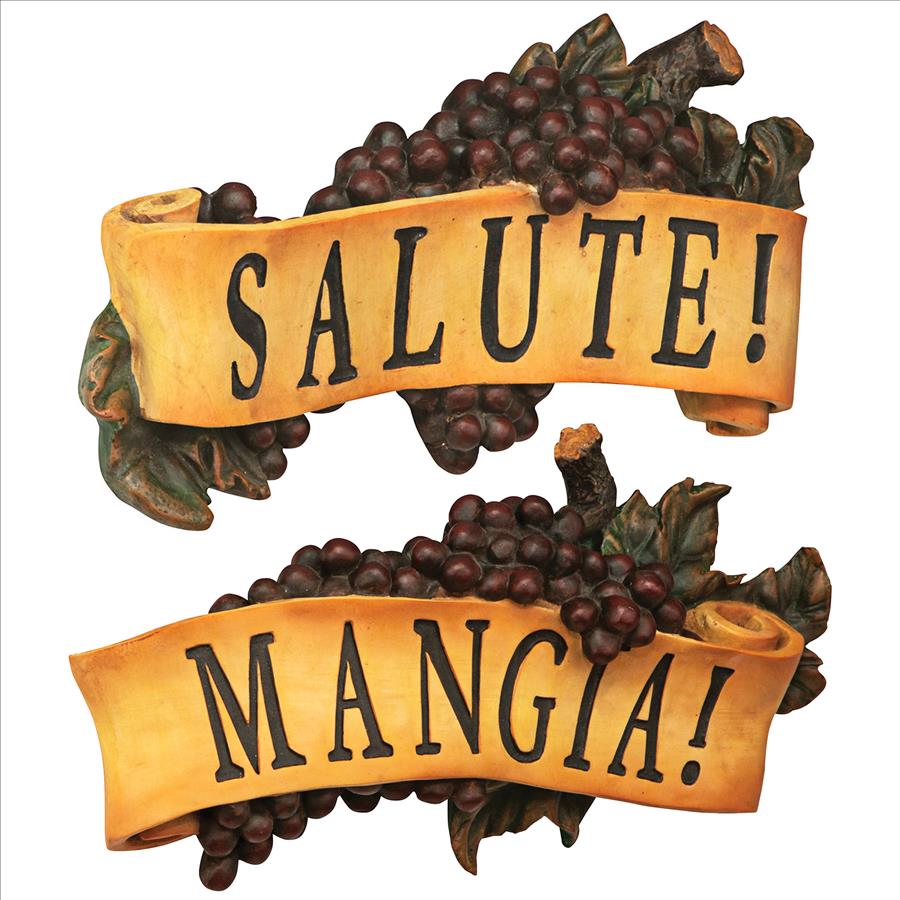 Salute and Mangia Italian Signs Grape Wall Sculptures: Set of Two