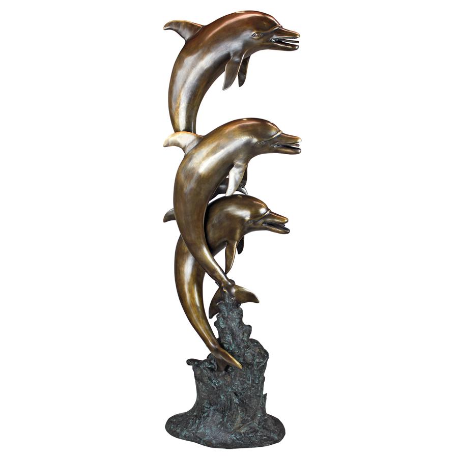 Triple Leaping Dolphins Cast Bronze Garden Statue