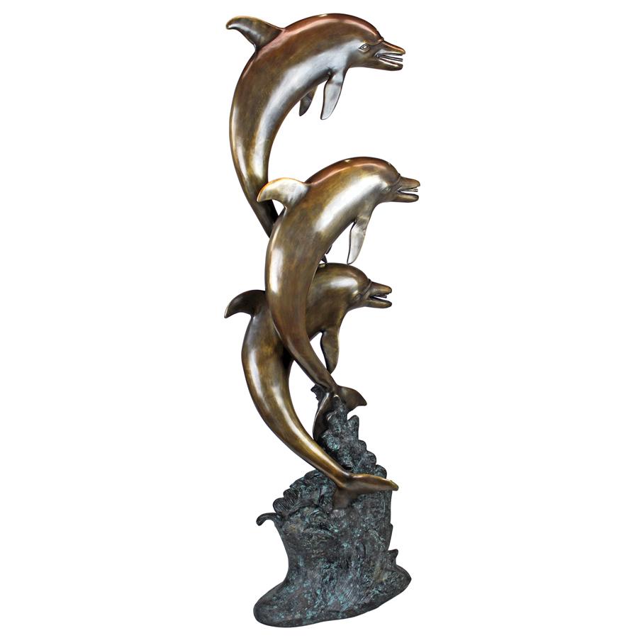 Triple Leaping Dolphins Cast Bronze Garden Statue