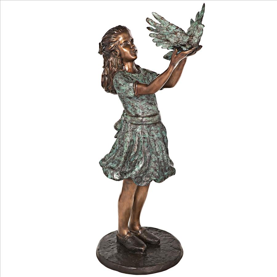 Destiny and the Dove of Peace Little Girl Cast Bronze Garden Statue