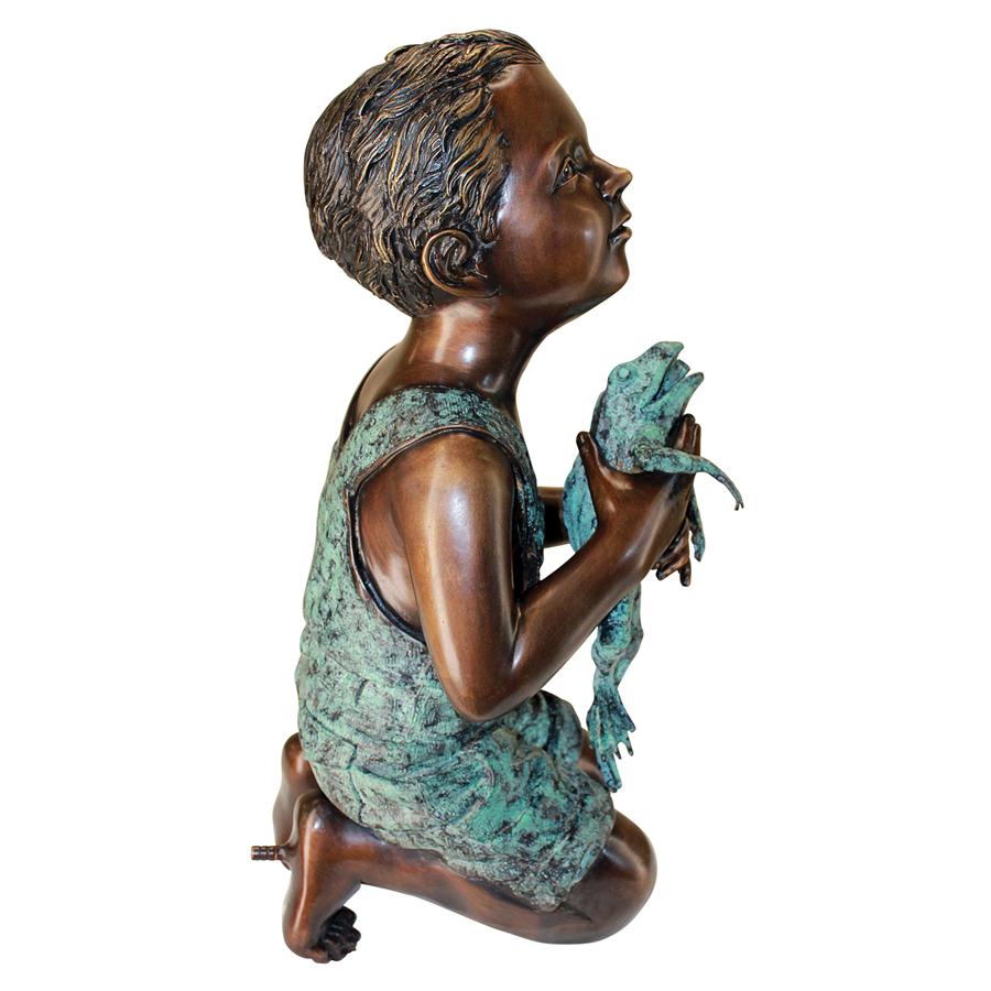New Friend, Boy with Frog Cast Bronze Garden Statue: Piped for Water