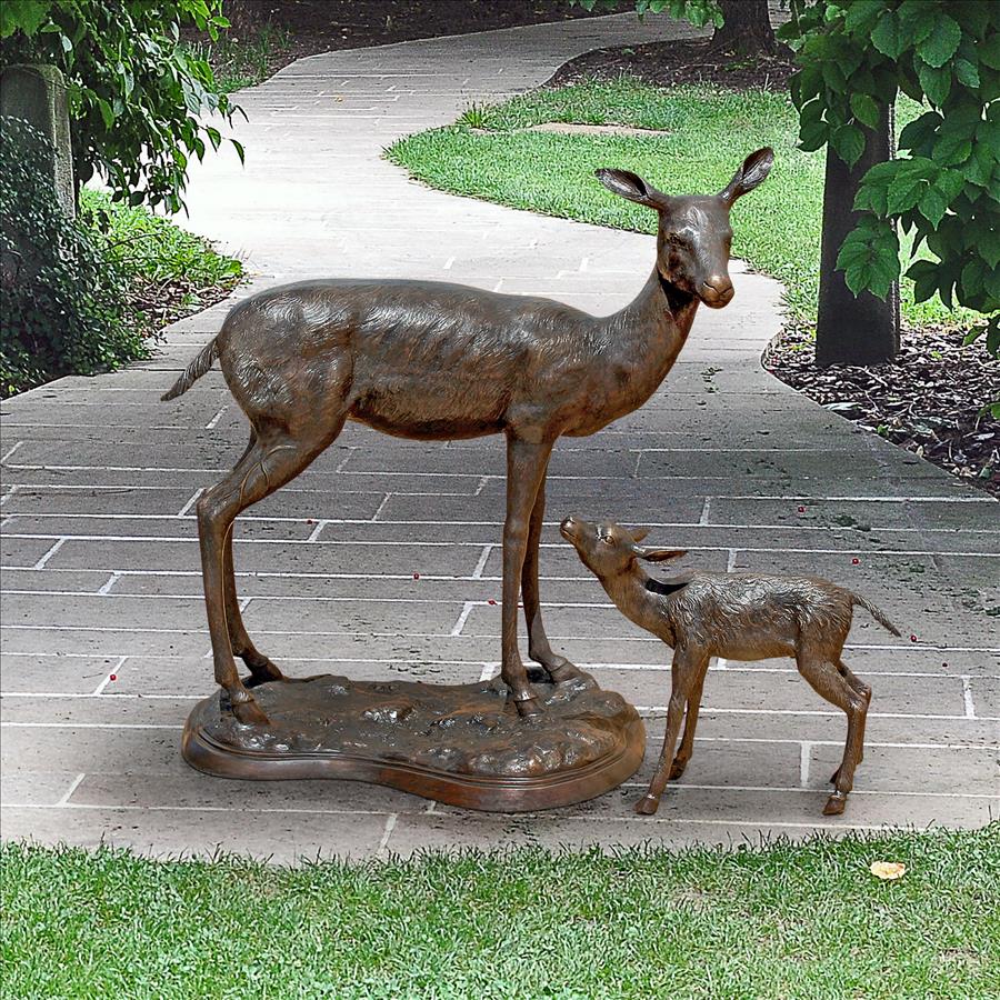 Standing Mother Doe and Baby Fawn Deer Bronze Garden Statue Set