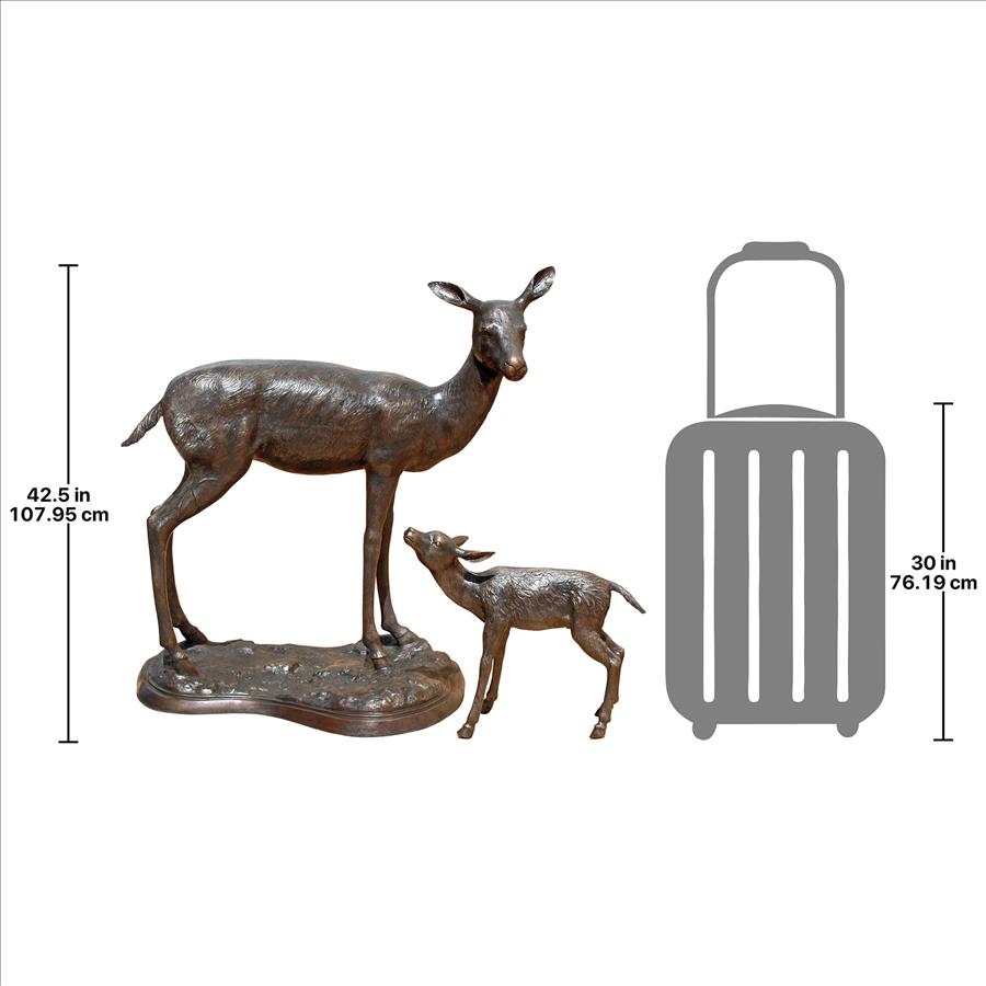 Standing Mother Doe and Baby Fawn Deer Bronze Garden Statue Set