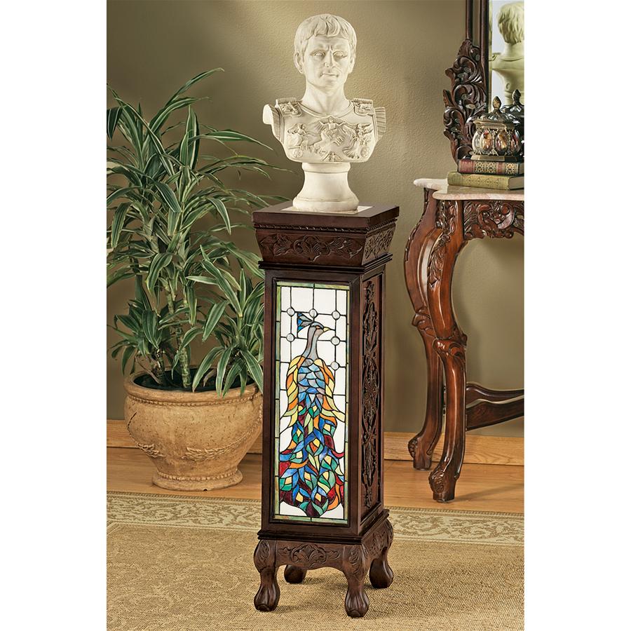Peacock Stained Glass Illuminated Hand-Crafted Pedestal