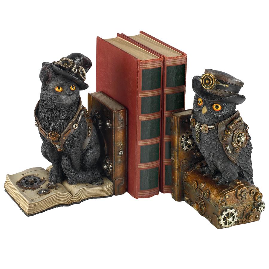 Knowledge Seekers Steampunk Cat and Owl Sculptural Bookends