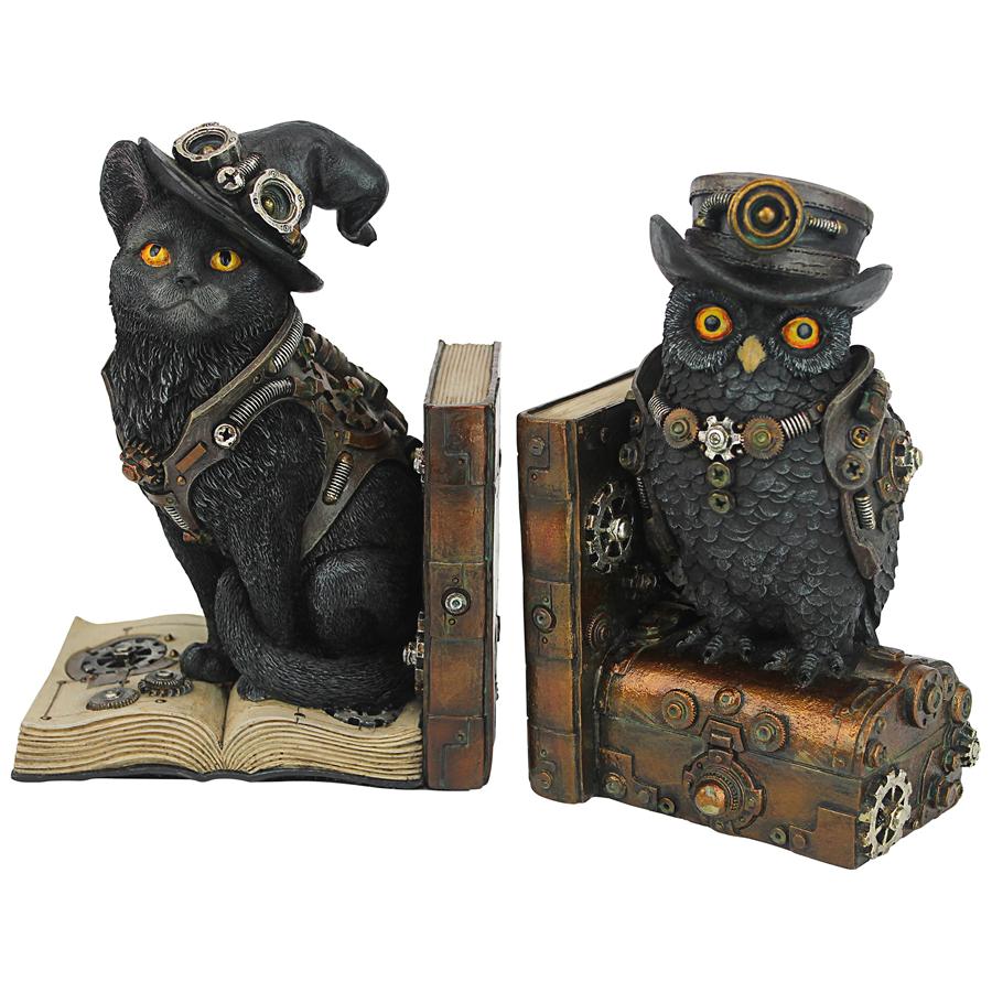 Knowledge Seekers Steampunk Cat and Owl Sculptural Bookends