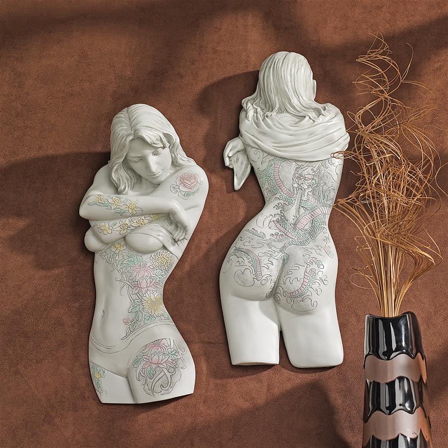 Tattoo Temptation Nude Female Wall Sculptures: Set of Two