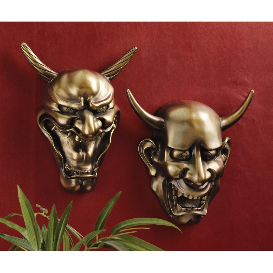 Hannya Demon Mask Wall Sculptures: Set of Two