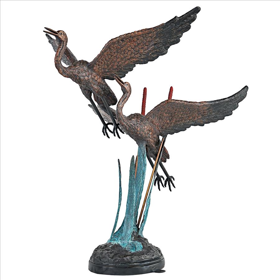 Flying Heron Pair in Reeds Cast Bronze Garden Statue