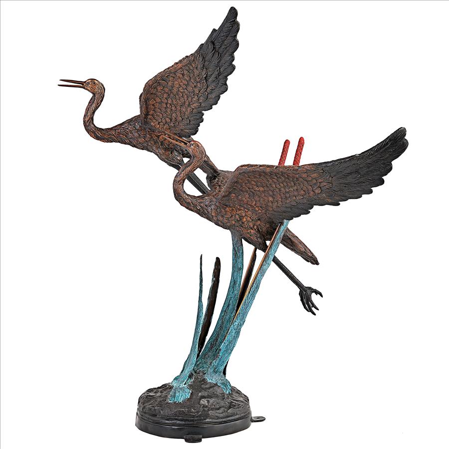 Flying Heron Pair in Reeds Cast Bronze Garden Statue