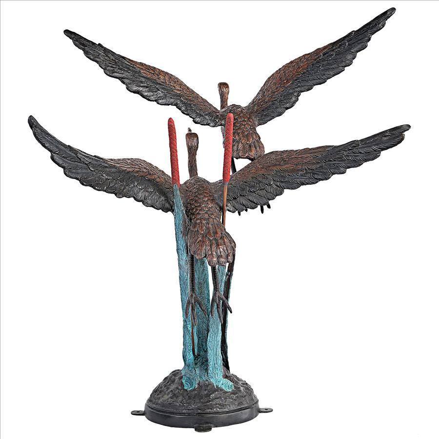 Flying Heron Pair in Reeds Cast Bronze Garden Statue