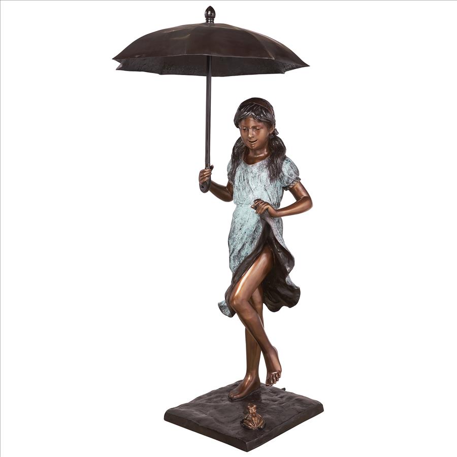 Singing in the Rain Young Girl with Umbrella Cast Bronze Garden Statue