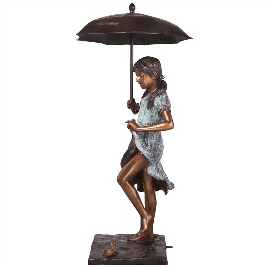 Singing in the Rain Young Girl with Umbrella Cast Bronze Garden Statue
