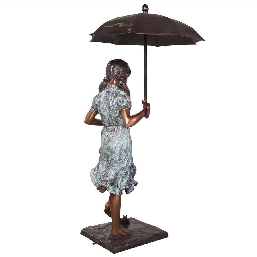 Singing in the Rain Young Girl with Umbrella Cast Bronze Garden Statue