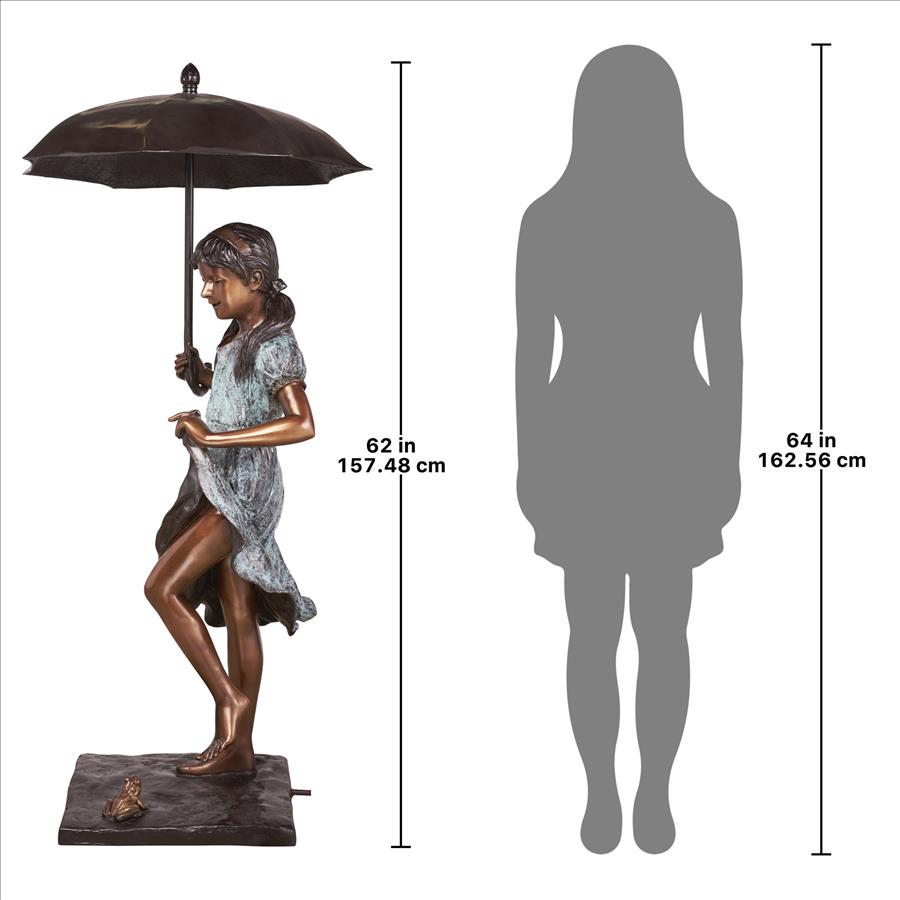 Singing in the Rain Young Girl with Umbrella Cast Bronze Garden Statue