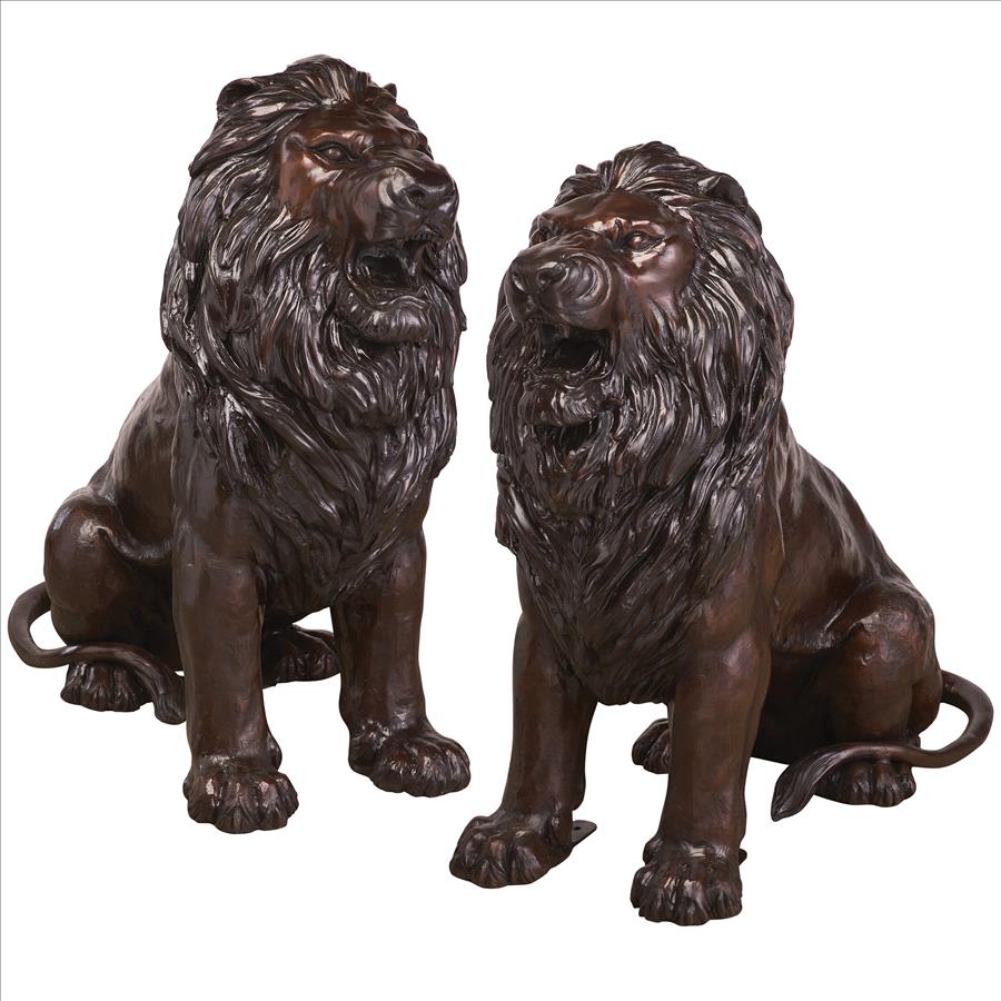 Sentinel Lion Cast Bronze Garden Statue: Set of Two