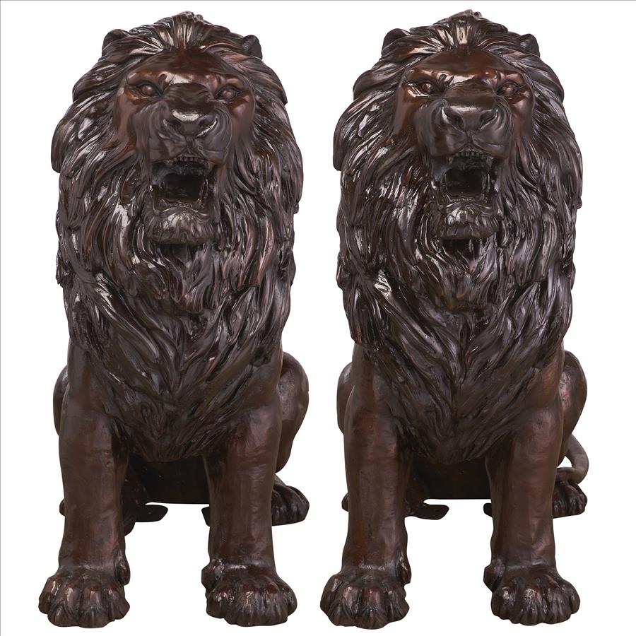 Sentinel Lion Cast Bronze Garden Statue: Set of Two