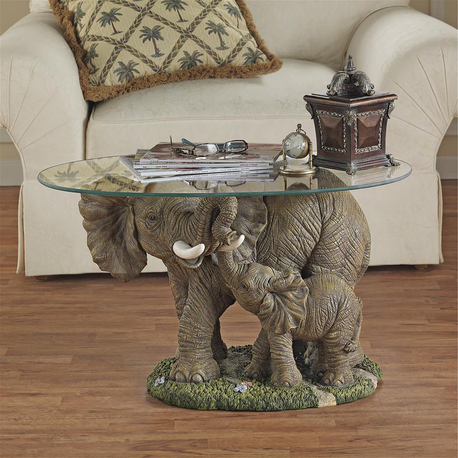 Elephant's Majesty Glass-Topped Sculptural Cocktail Table