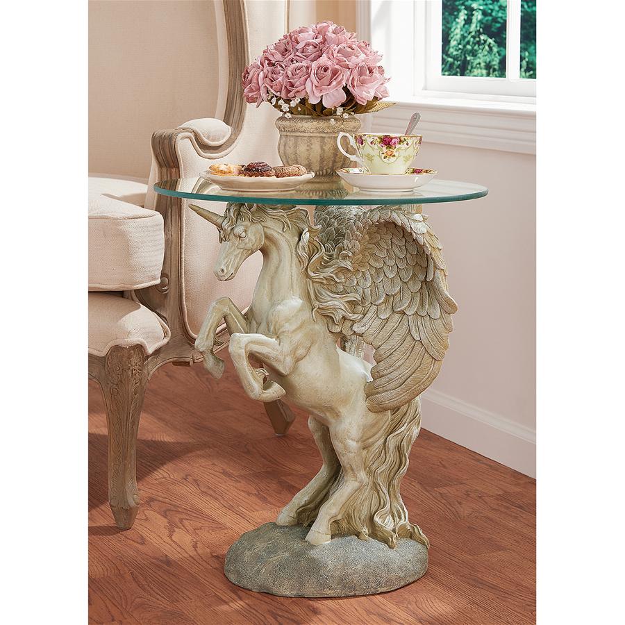 Mystical Winged Unicorn Sculptural Glass-Topped Table