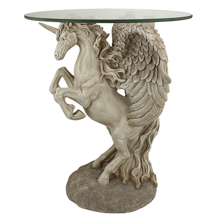 Mystical Winged Unicorn Sculptural Glass-Topped Table