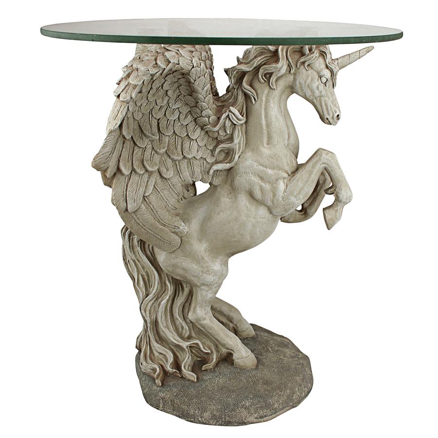 Mystical Winged Unicorn Sculptural Glass-Topped Table