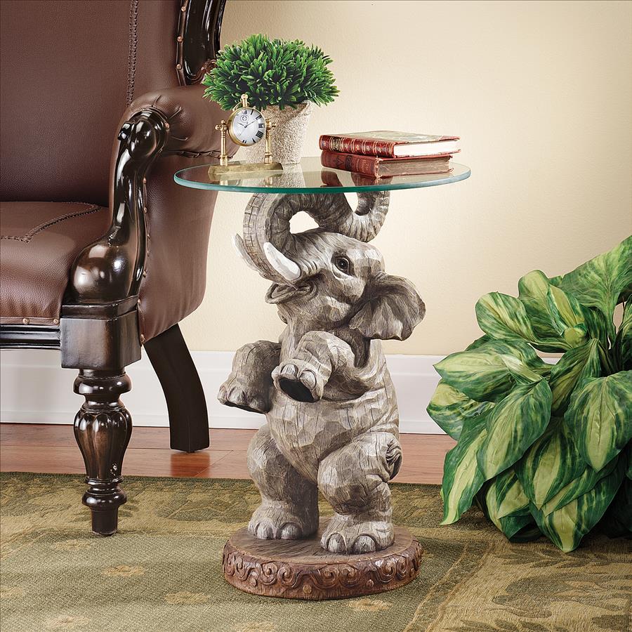 Good Fortune Elephant Sculpture Glass-Topped Table
