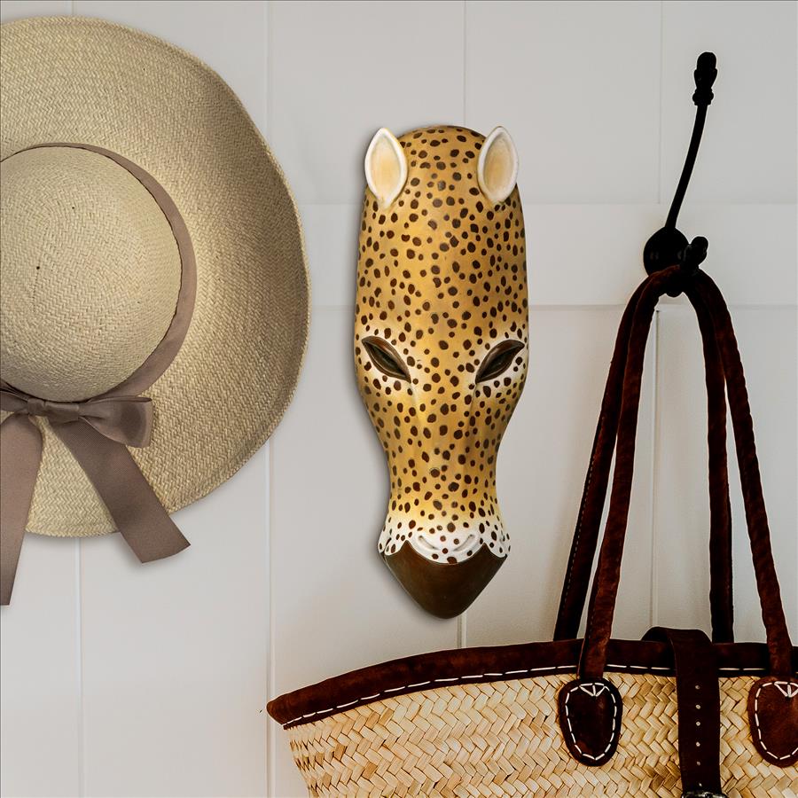 African Serengeti Animal Mask Tribal-Style Wall Sculpture: Jaguar