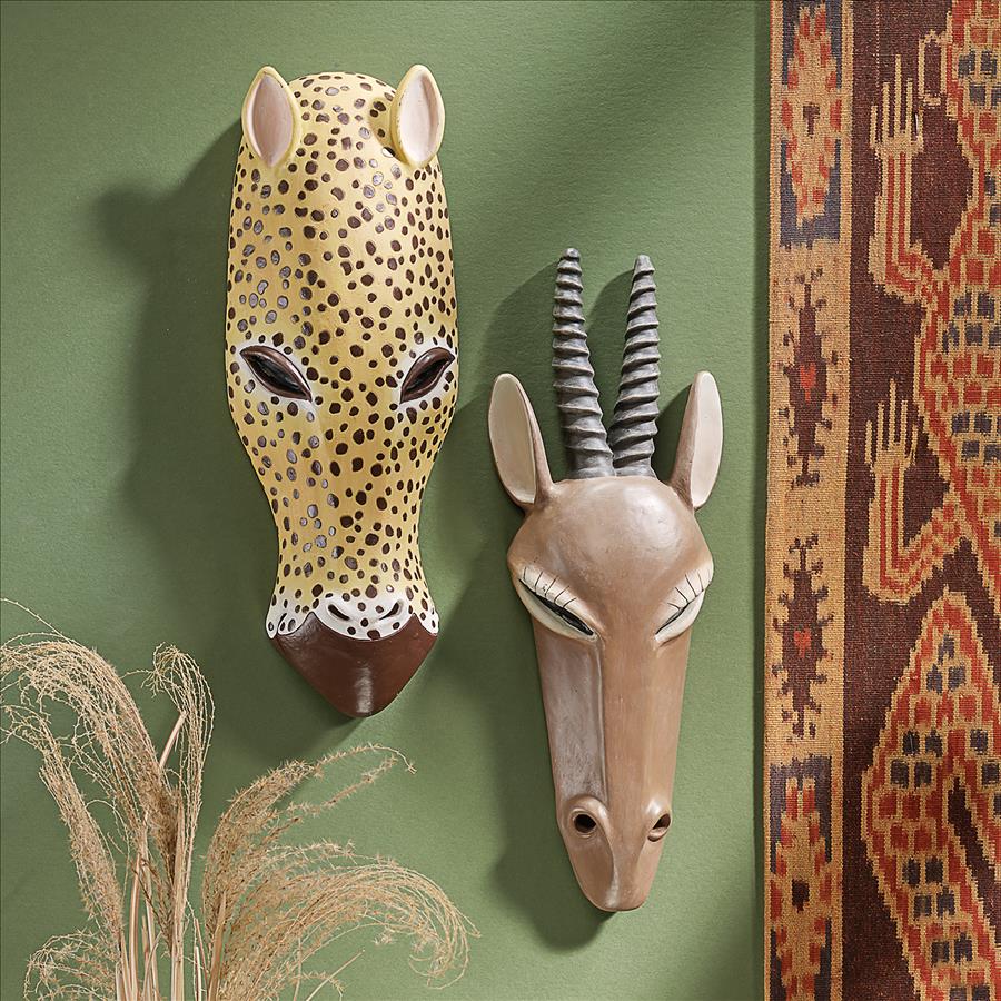 African Serengeti Animal Masks Tribal-Style Wall Sculptures: Set of Two
