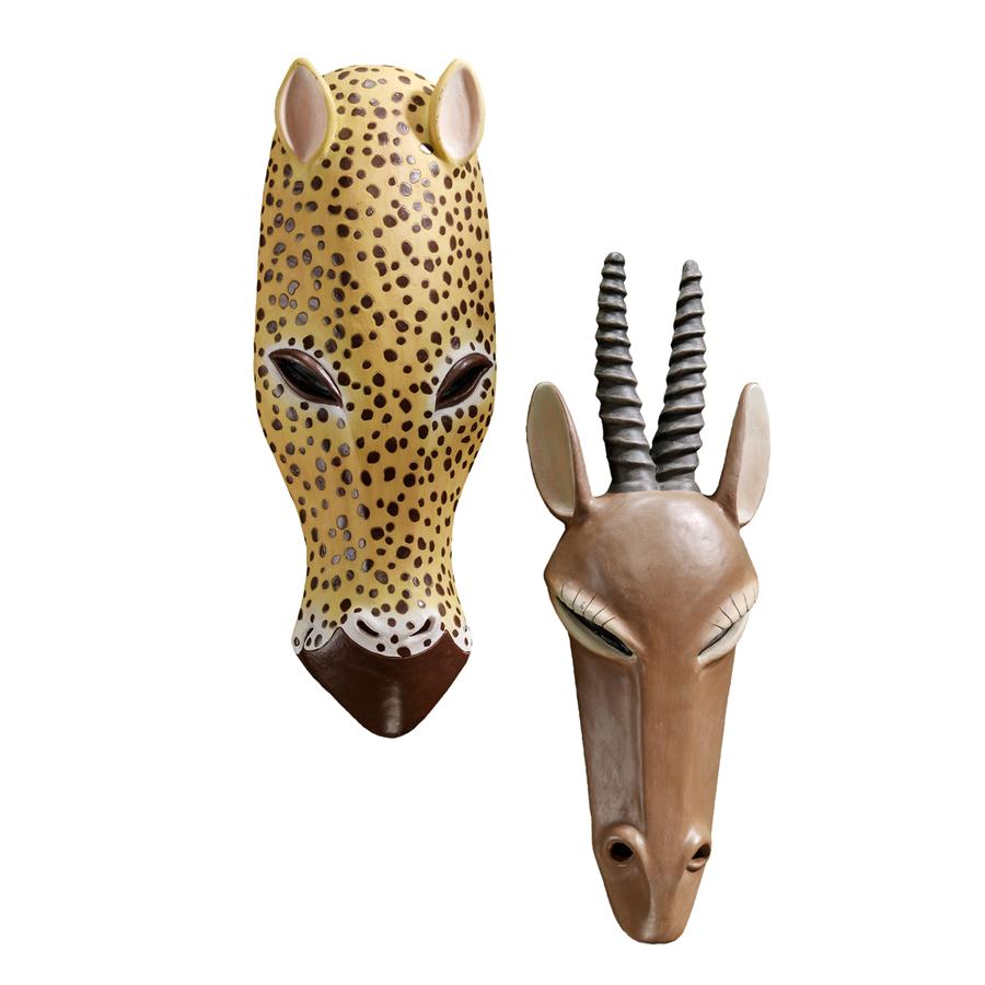African Serengeti Animal Masks Tribal-Style Wall Sculptures: Set of Two