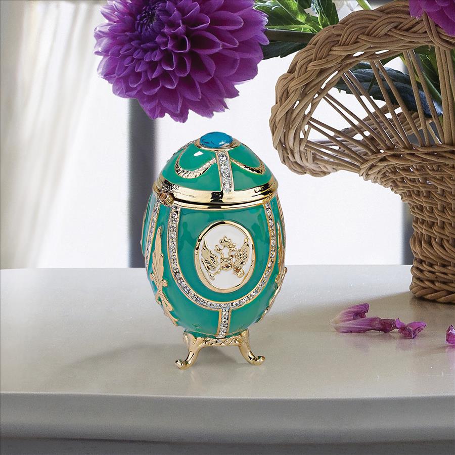 Russian Imperial Eagle Romanov-Style Collectible Enameled Egg: Teal Green