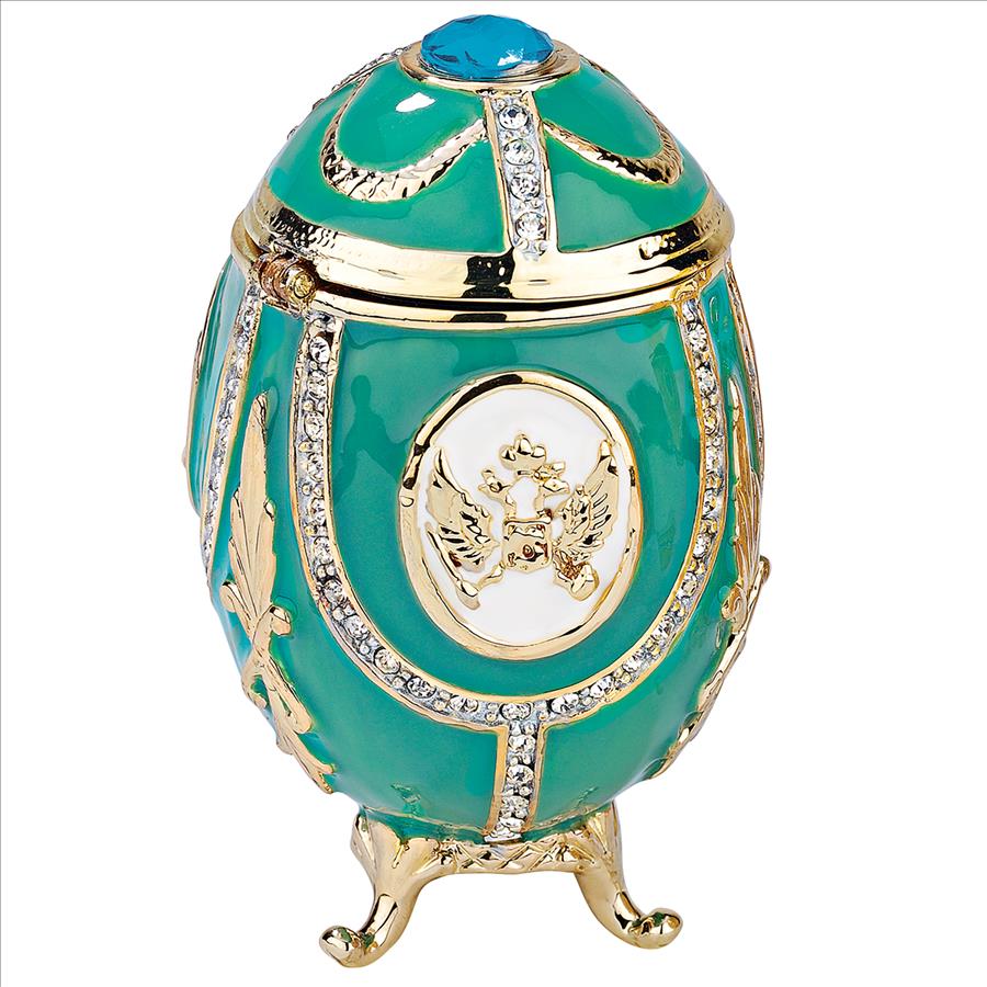 Russian Imperial Eagle Romanov-Style Collectible Enameled Egg: Teal Green