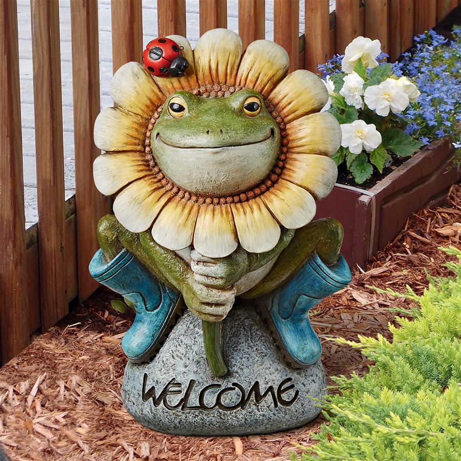 Flowery Frog Garden Welcome Sign Statue