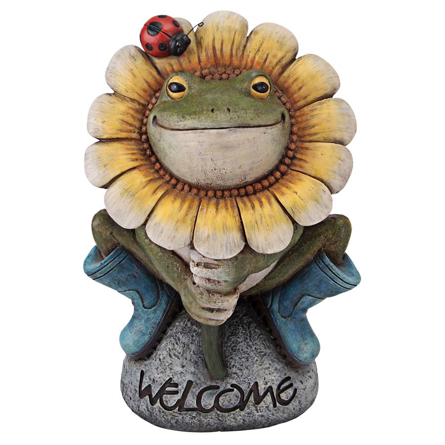 Flowery Frog Garden Welcome Sign Statue