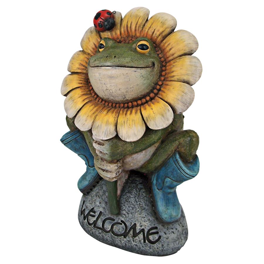 Flowery Frog Garden Welcome Sign Statue