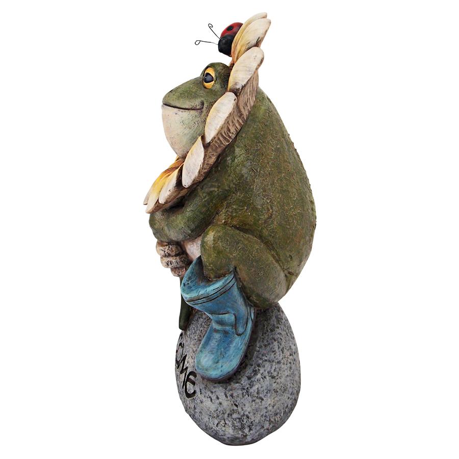 Flowery Frog Garden Welcome Sign Statue