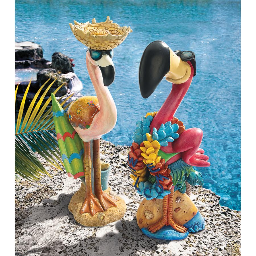 Pink Flamingo Garden Statues: Luau Larry & Flamingo Frank