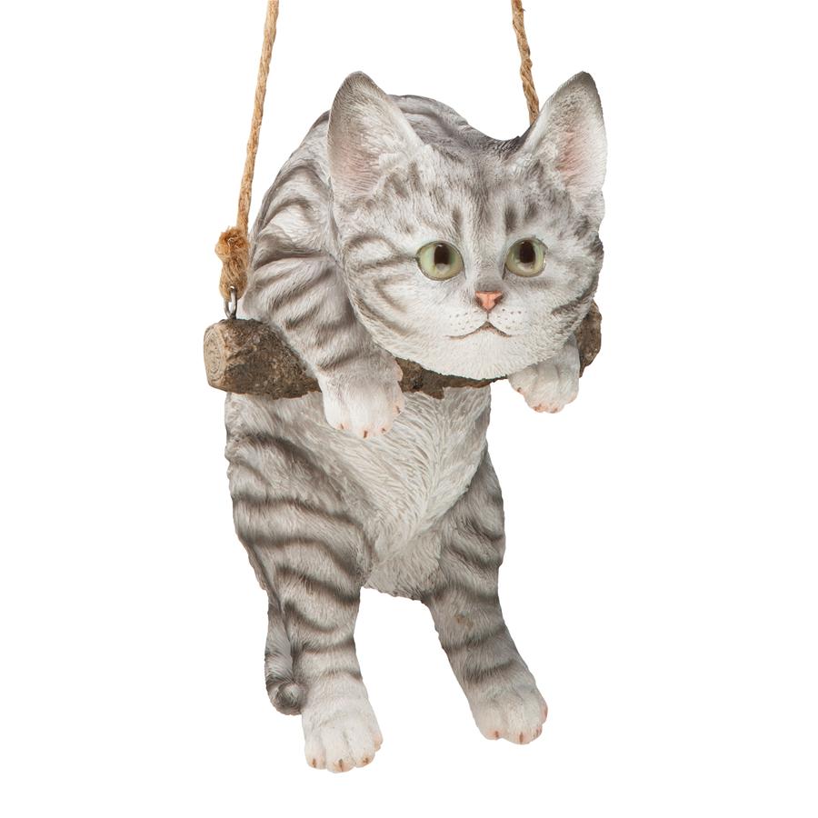 Gray Tabby Kitty on a Perch Hanging Cat Sculpture