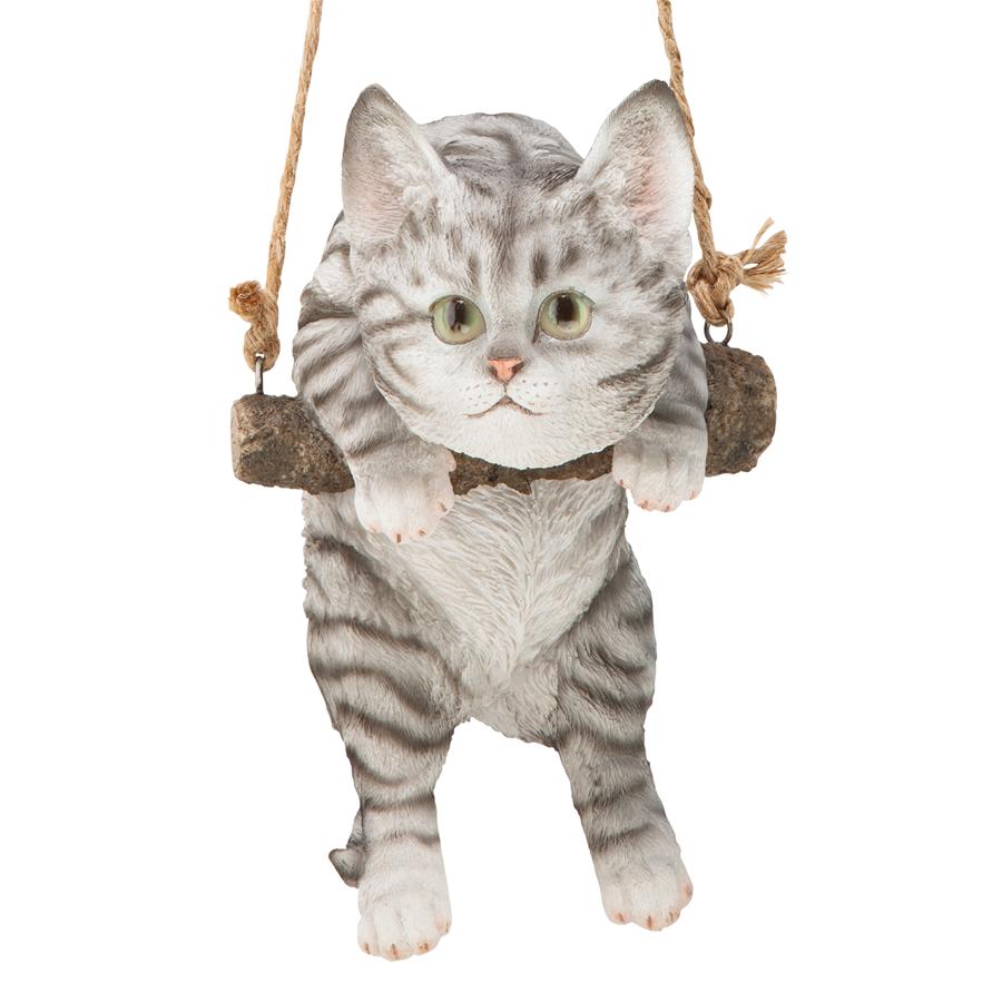 Gray Tabby Kitty on a Perch Hanging Cat Sculpture