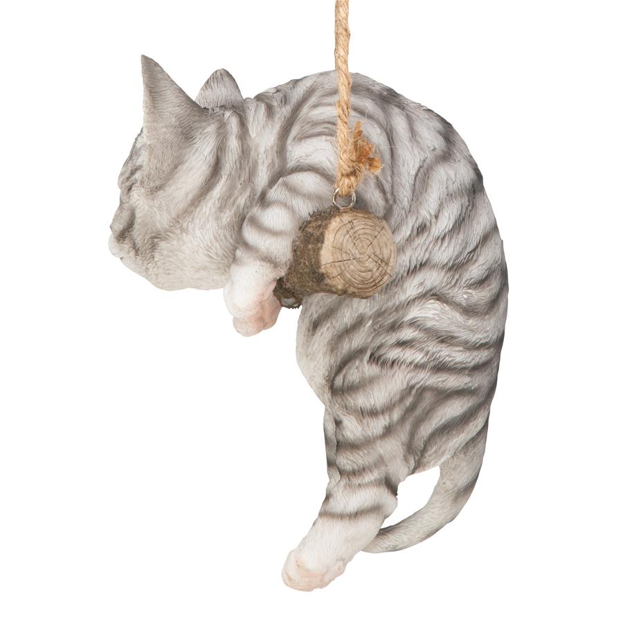 Gray Tabby Kitty on a Perch Hanging Cat Sculpture