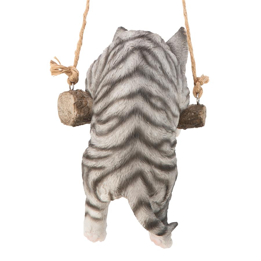 Gray Tabby Kitty on a Perch Hanging Cat Sculpture