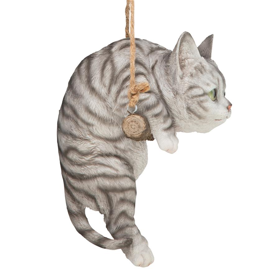 Gray Tabby Kitty on a Perch Hanging Cat Sculpture